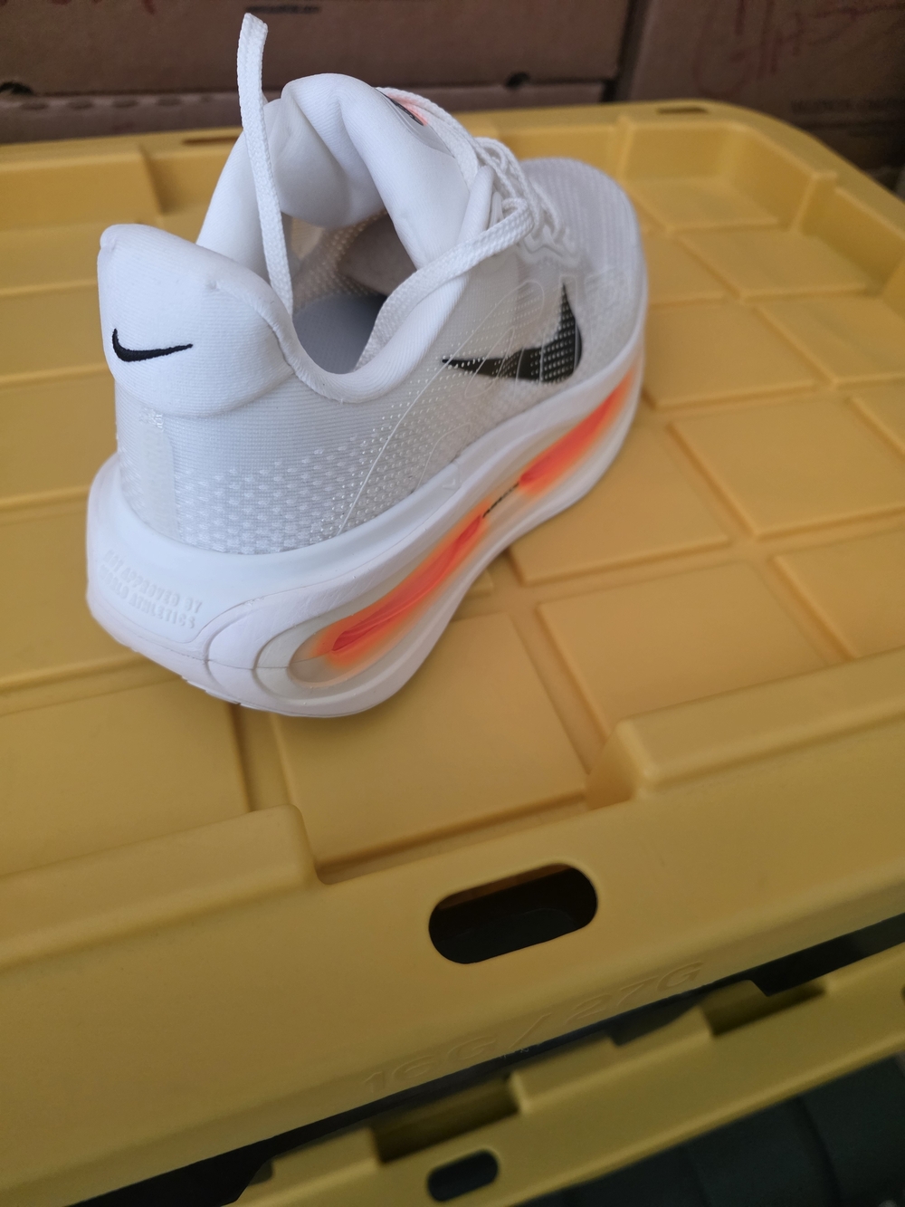 Nike Mens White Platform Sneaker with Black Swoosh and Orange Accent - Picture 3 of 4